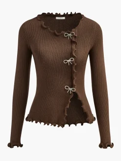 Hot Rhinestone Bow Lettuce Trim Sweater Sweater Tops|Sweaters & Cardigans