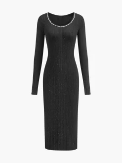 Rhinestone Decor Plain Sweater Dress Black Dresses|Sweater Dresses
