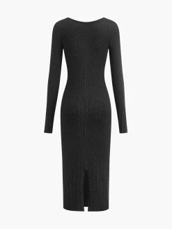 Rhinestone Decor Plain Sweater Dress Black Dresses|Sweater Dresses