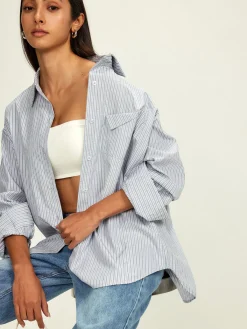 Clearance Rhinestone Dot Pinstripe Pocket Shirt Tops