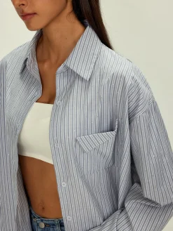 Clearance Rhinestone Dot Pinstripe Pocket Shirt Tops