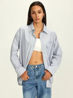 Clearance Rhinestone Dot Pinstripe Pocket Shirt Tops