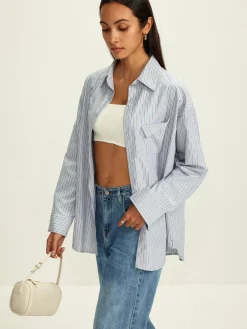 Clearance Rhinestone Dot Pinstripe Pocket Shirt Tops