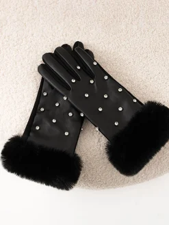 Discount Rhinestone Fuzzy Cuff Warm Gloves Accessories