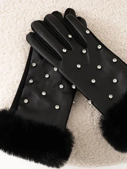 Discount Rhinestone Fuzzy Cuff Warm Gloves Accessories
