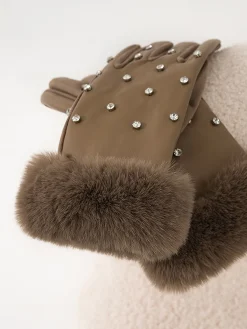 Discount Rhinestone Fuzzy Cuff Warm Gloves Accessories