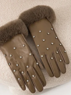 Discount Rhinestone Fuzzy Cuff Warm Gloves Accessories