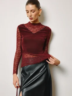 New Rhinestone Velvet Panel Lace Slim Top Tops
