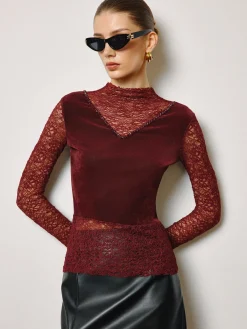 New Rhinestone Velvet Panel Lace Slim Top Tops