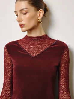 New Rhinestone Velvet Panel Lace Slim Top Tops