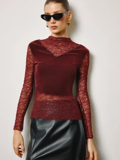 New Rhinestone Velvet Panel Lace Slim Top Tops