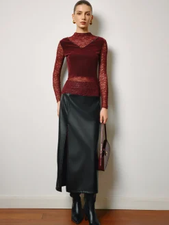 New Rhinestone Velvet Panel Lace Slim Top Tops