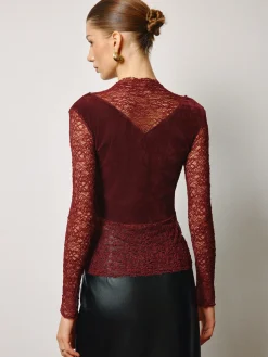 New Rhinestone Velvet Panel Lace Slim Top Tops