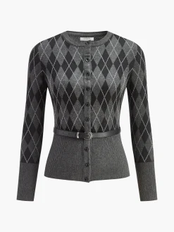 Discount Rhombic Pattern Belted Button Cardigan Cardigans|Sweaters & Cardigans
