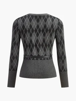 Discount Rhombic Pattern Belted Button Cardigan Cardigans|Sweaters & Cardigans