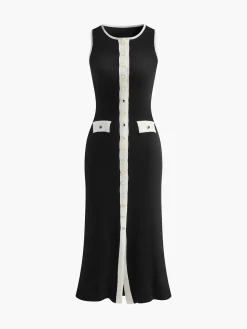Clearance Ribbed Breasted Knit Tank Dress Black Dresses|Work Dresses