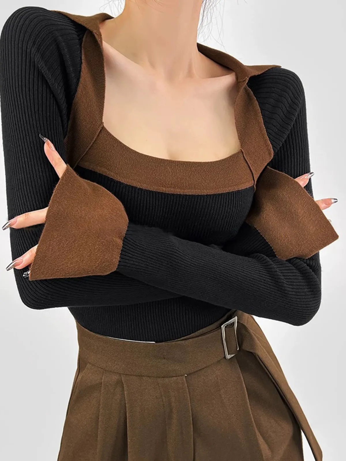 Clearance Ribbed Color Block Skinny Sweater Sweater Tops|Sweaters & Cardigans