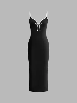 Sale Ribbed Contrast Bow Cami Long Dress Black Dresses|Casual Dresses