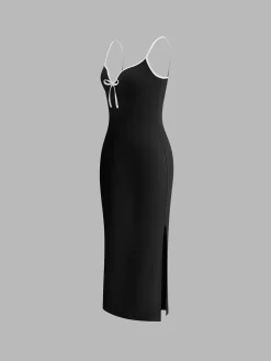 Sale Ribbed Contrast Bow Cami Long Dress Black Dresses|Casual Dresses