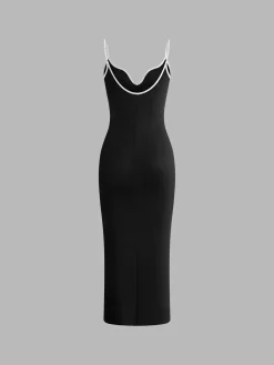 Sale Ribbed Contrast Bow Cami Long Dress Black Dresses|Casual Dresses