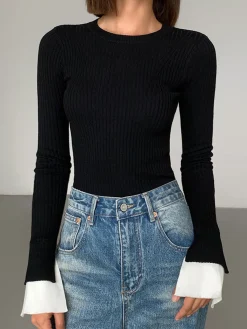Best Ribbed Contrast Cuff Sweater Sweater Tops|Sweaters & Cardigans