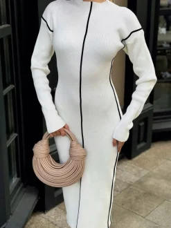 Hot Ribbed Contrast Piping Sweater Dress White Dresses|Black Dresses