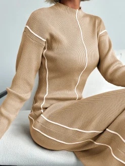 Discount Ribbed Contrast Piping Sweater Dress Sweater Dresses|Work Dresses