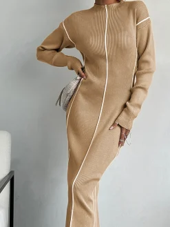 Discount Ribbed Contrast Piping Sweater Dress Sweater Dresses|Work Dresses