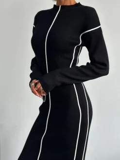 Discount Ribbed Contrast Piping Sweater Dress Sweater Dresses|Work Dresses