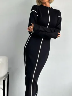 Discount Ribbed Contrast Piping Sweater Dress Sweater Dresses|Work Dresses