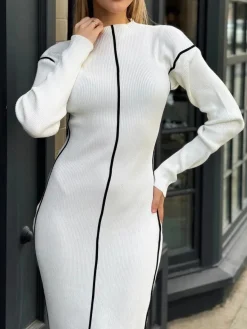 Discount Ribbed Contrast Piping Sweater Dress Sweater Dresses|Work Dresses