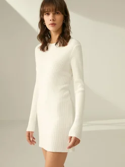 Ribbed Crewneck Sweater Dress White Dresses|Sweater Dresses