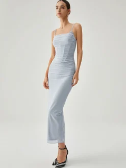 Ribbed Draped Slit Mesh Tank Long Dress Cocktail & Party Dresses|Vacation Dresses