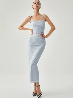 Ribbed Draped Slit Mesh Tank Long Dress Cocktail & Party Dresses|Vacation Dresses