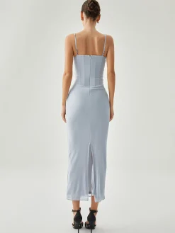 Ribbed Draped Slit Mesh Tank Long Dress Cocktail & Party Dresses|Vacation Dresses