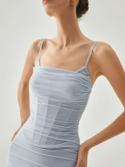 Ribbed Draped Slit Mesh Tank Long Dress Cocktail & Party Dresses|Vacation Dresses
