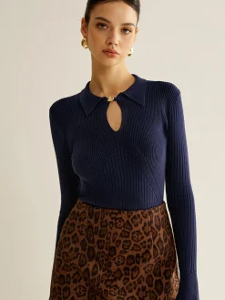 Discount Ribbed Keyhole Neckline Polo Sweater Sweater Tops|Sweaters & Cardigans