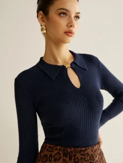 Discount Ribbed Keyhole Neckline Polo Sweater Sweater Tops|Sweaters & Cardigans