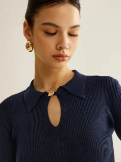 Discount Ribbed Keyhole Neckline Polo Sweater Sweater Tops|Sweaters & Cardigans