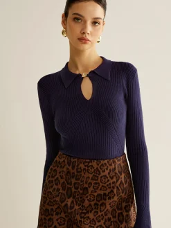 Clearance Ribbed Keyhole Neckline Polo Sweater Sweater Tops|Sweaters & Cardigans