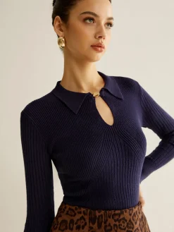Clearance Ribbed Keyhole Neckline Polo Sweater Sweater Tops|Sweaters & Cardigans