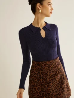 Clearance Ribbed Keyhole Neckline Polo Sweater Sweater Tops|Sweaters & Cardigans