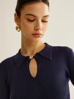 Clearance Ribbed Keyhole Neckline Polo Sweater Sweater Tops|Sweaters & Cardigans