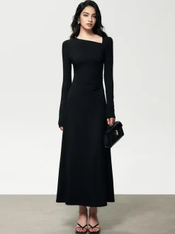 Online Ribbed Knit Asymmetric Long Sleeve Bodycon Long Dress Black Dresses|Casual Dresses