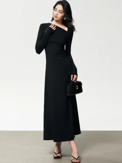 Online Ribbed Knit Asymmetric Long Sleeve Bodycon Long Dress Black Dresses|Casual Dresses