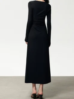Online Ribbed Knit Asymmetric Long Sleeve Bodycon Long Dress Black Dresses|Casual Dresses