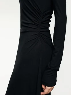 Online Ribbed Knit Asymmetric Long Sleeve Bodycon Long Dress Black Dresses|Casual Dresses