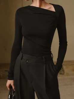 Ribbed Knit Long Sleeve Asymmetric Shirt T-shirts|Knitwear