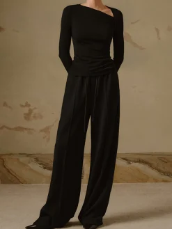 Ribbed Knit Long Sleeve Asymmetric Shirt T-shirts|Knitwear