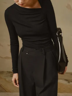 Ribbed Knit Long Sleeve Asymmetric Shirt T-shirts|Knitwear
